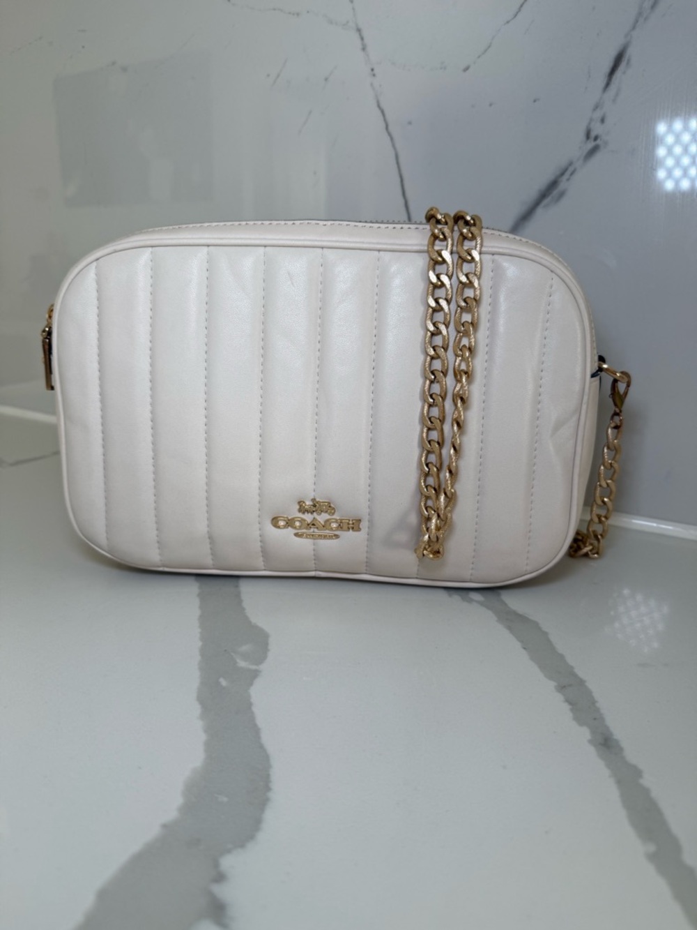 Coach Quilted Crossbody Camera Bag in Cream with Gold Chain